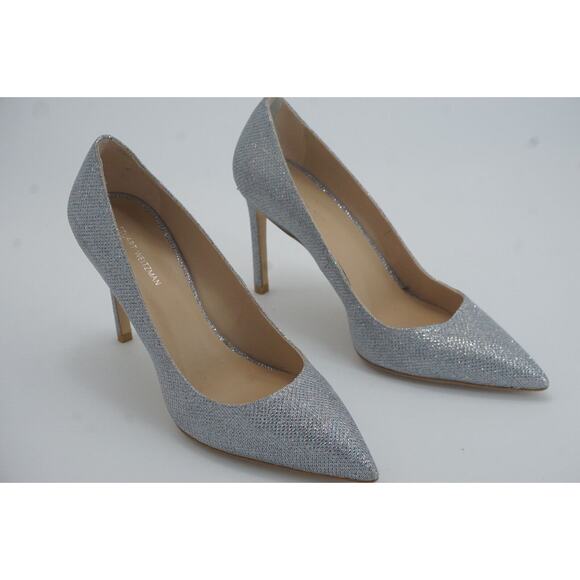 Stuart Weitzman Leigh Silver Glitter Pointed Toe Heel Pump SZ 8 $495 - Picture 9 of 12